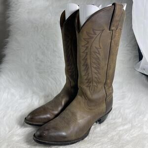 VTG Tony Lama Made in Mexico Cowboy Embroidered Brown Leather Boots Size 8.5B